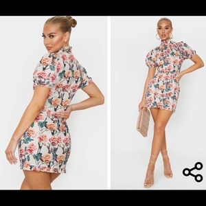 PLT Nude Rose Print High Neck Short Sleeve Bodycon Dress